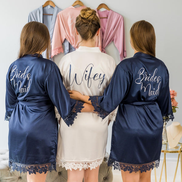 Silk Bridal Robe with Lace - White, Blush, Navy Blue, Burgundy, Dusty Blue, Dusty  Rose,, Mauve Colors - Bridesmaid Gifts Boutique