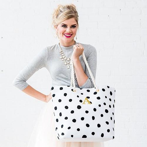 Personalized Black with Gold Polka Dots Kate Spade Canvas Tote