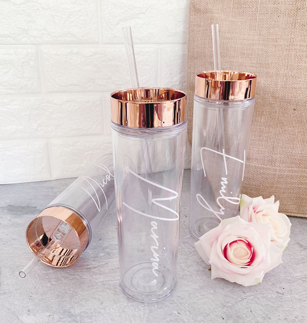 Rose Gold Floral Glass Can With Lid and Straw 