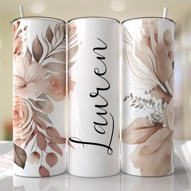 Personalized Floral Initial Tumbler with Handle, Design: K4