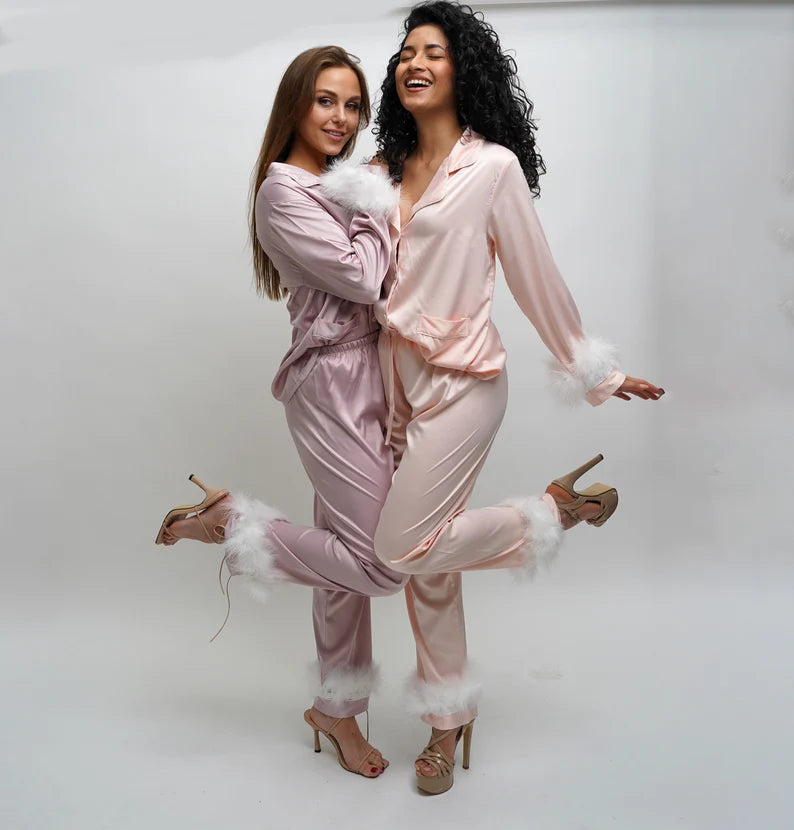 Feathered Trimed Bridal Satin Pajamas Long Pants