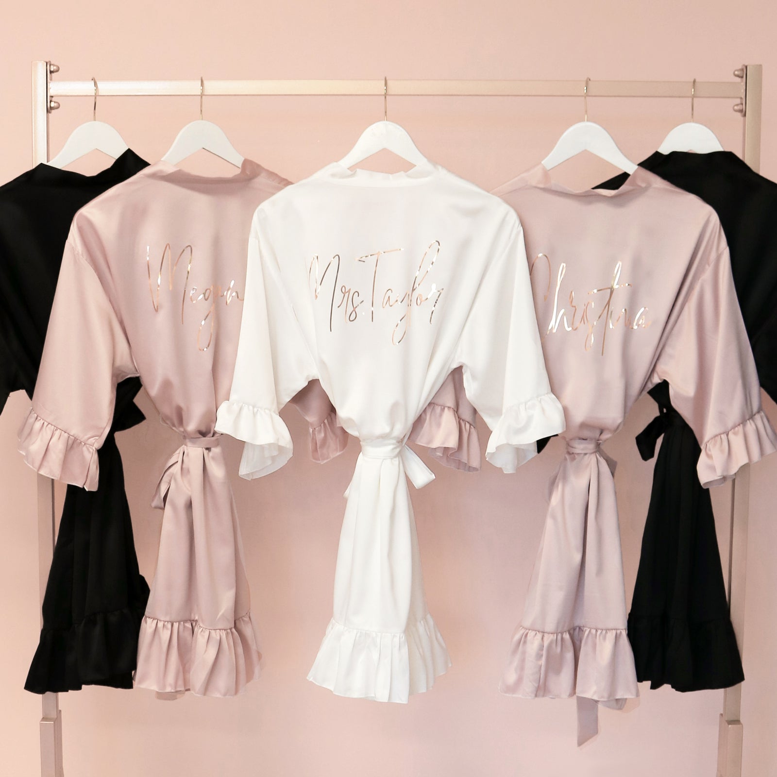 Personalized Glitter Satin Robes with Knit Lace Trim, Custom Lace Bridesmaid  Robes