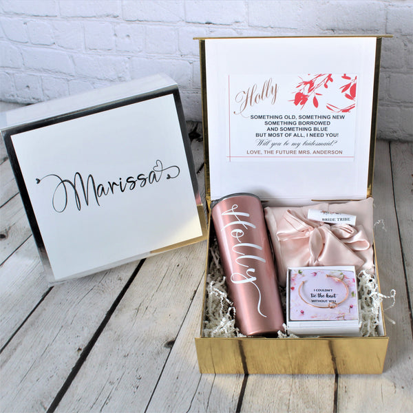 Build a Bridesmaid Gift Box options include Robe, Tumbler, Jewelry ...